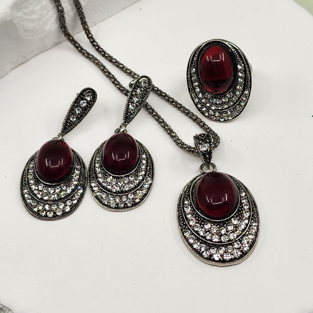 Red Cabochon Rhinestone Necklace Earrings Ring Set Gothic Statement Jewelry